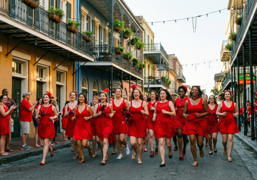 A group of women in red dresses run down a charming street, lined with balconies, spectators cheer, and festive lights hang overhead.