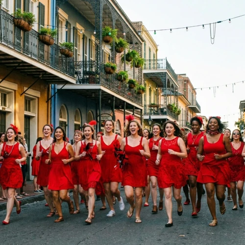 A group of women in red dresses run down a charming street, lined with balconies, spectators cheer, and festive lights hang overhead.