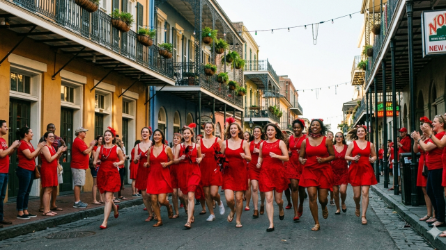 A group of women in red dresses run down a charming street, lined with balconies, spectators cheer, and festive lights hang overhead.