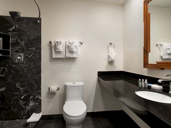 A modern bathroom with a toilet, wall-mounted towels, a sink with toiletries, and a walk-in shower with dark tiles.