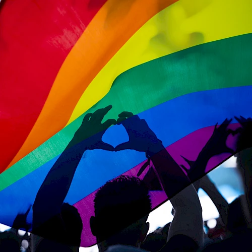 A large rainbow flag is raised in a crowd, silhouettes of people forming heart shapes with their hands under the flag, celebrating Pride.