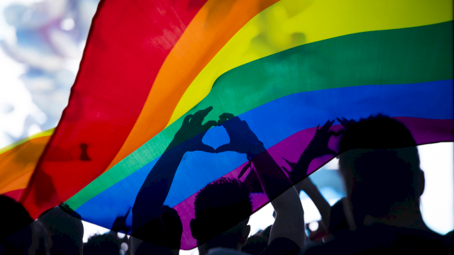 A large rainbow flag is raised in a crowd, silhouettes of people forming heart shapes with their hands under the flag, celebrating Pride.
