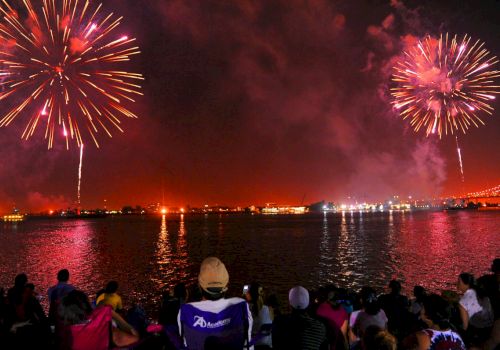 Colorful fireworks bloom over a dark river as a crowd watches at night.